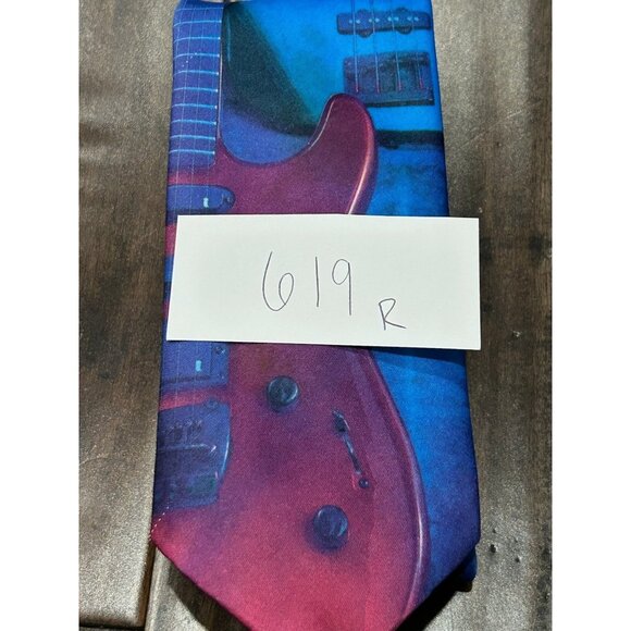 Vintage Ralph Marlin Guitar Print Tie Blue Pink Adjustable Fit Music Festival - Picture 7 of 8